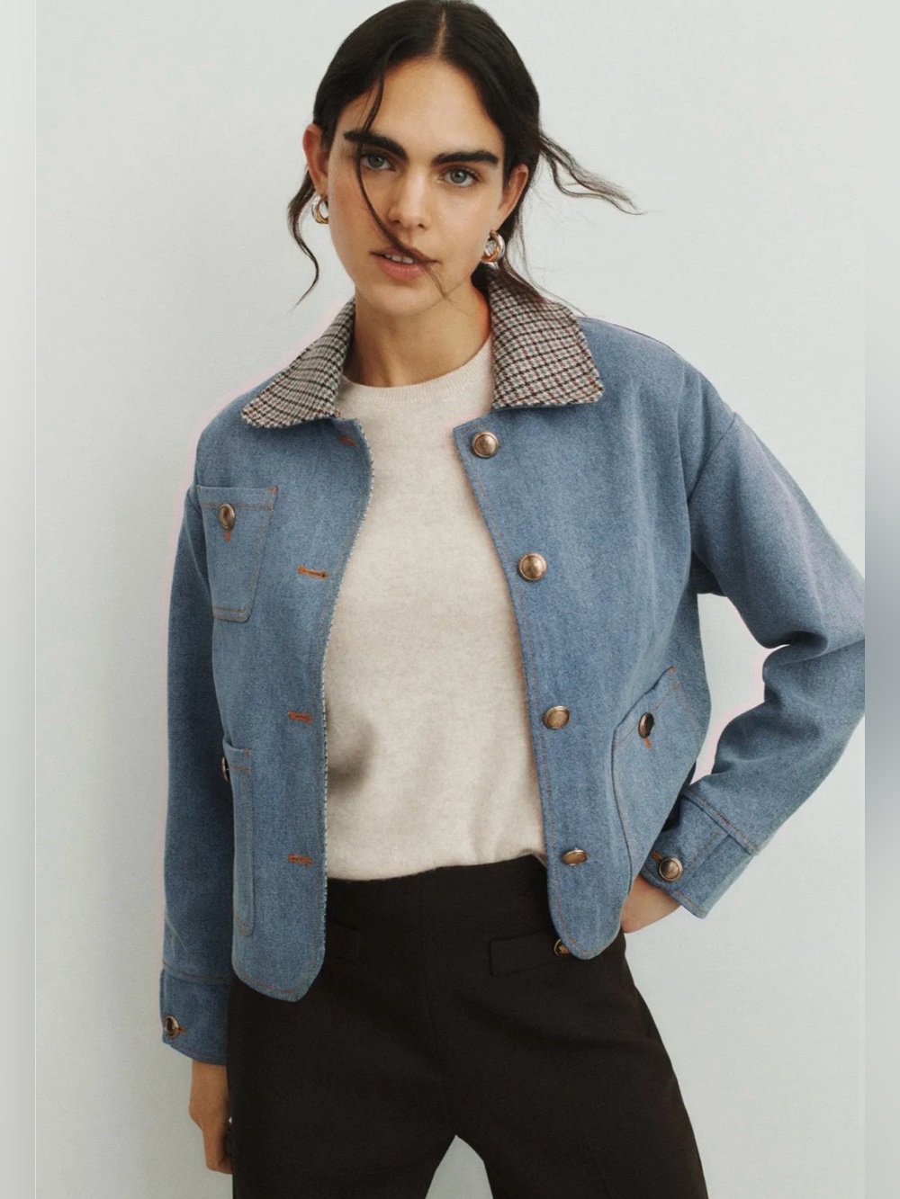 Sandro Light Blue Jean Jacket with Checked Contrast Collar size FR 38 US 4-6